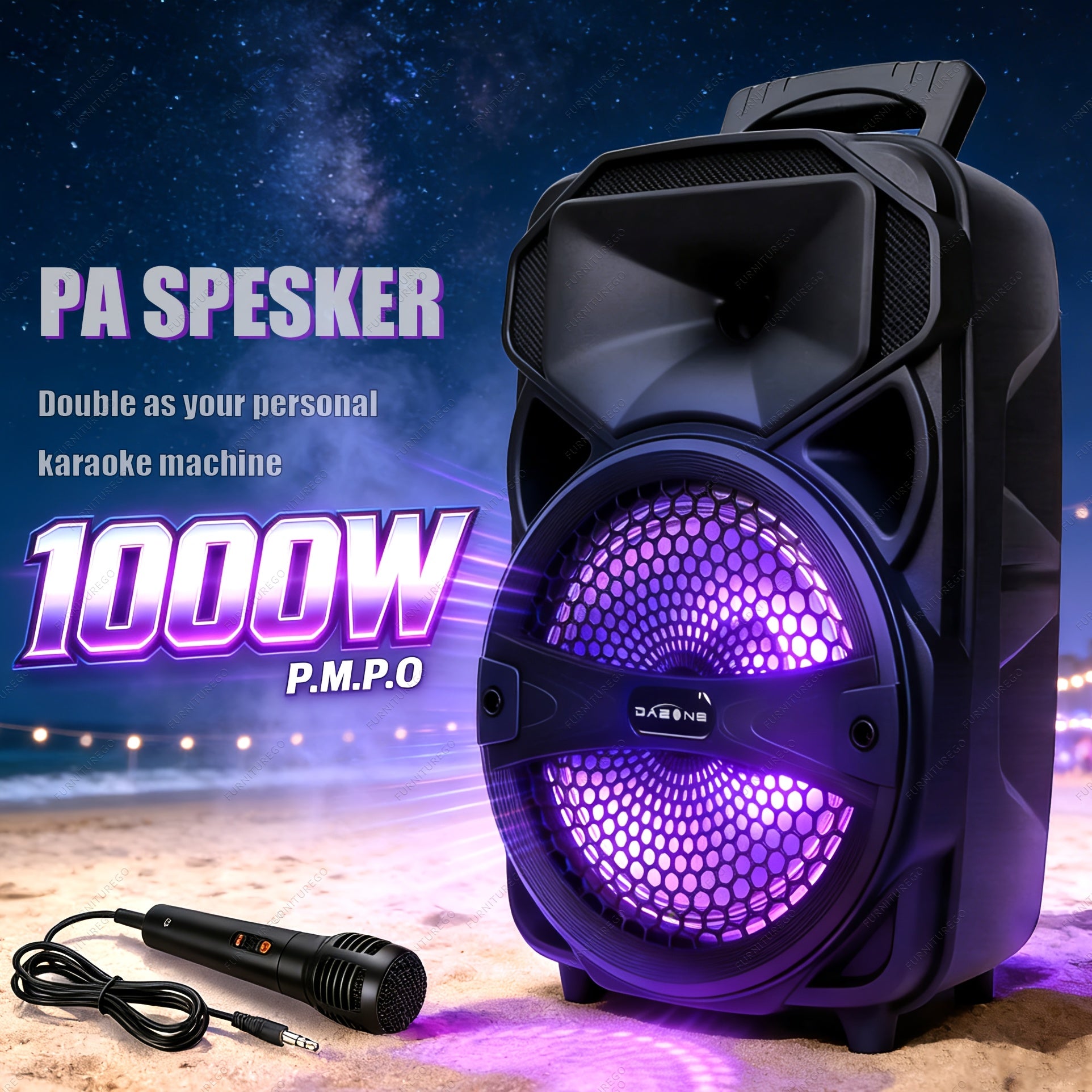 1000W Portable Wireless Party Speakers Loud Sound System with Subwoofer, Bass, 8-inch Speaker Karaoke Machine, FM Radio, EQ Mode, Strobe Lights with Wire Microphone, Remote Controls