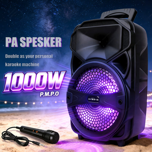 1000W Portable Wireless Party Speakers Loud Sound System with Subwoofer, Bass, 8-inch Speaker Karaoke Machine, FM Radio, EQ Mode, Strobe Lights with Wire Microphone, Remote Controls