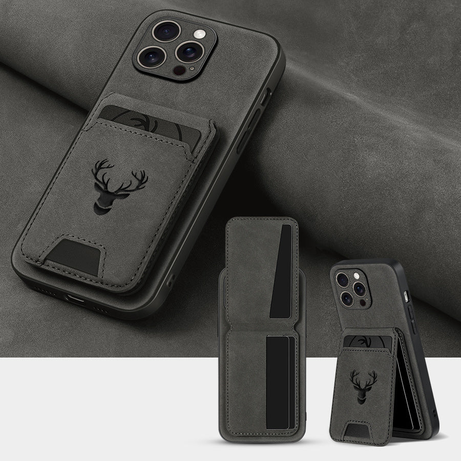 Wallet Phone Case Compatible with iPhone 16E/ 16promax/ 15plus/ 14pro/ 13promax/ 12/ 11, Luxury PU Leather, Card Holder and Stand, Moose