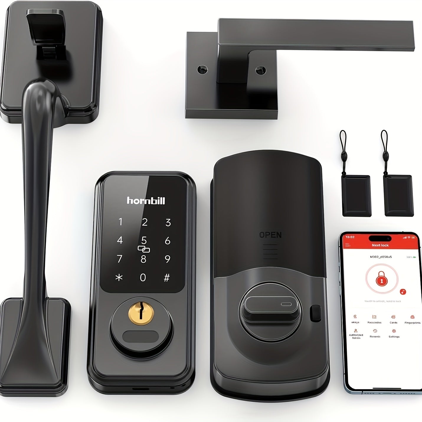 Hornbill Smart Front Door Lock Set, Keyless Entry Door Lock with Handle, Electronic Keypad Deadbolt Lock, Alexa Front Door Handle Set, Digital Lock Via Bluetooth APP/Keyfob/Auto Lock-Matte Black