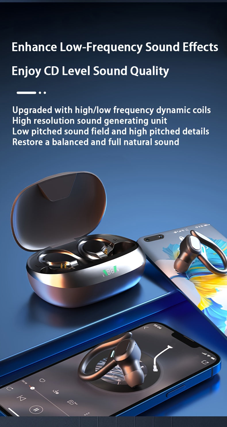 Open-Ear Wireless Earbuds 5.4, Wireless Sports Earphones with Built-In Microphone, Featuring Ear Hooks, 24 Hours of Playback Time, LED Display Charging Case, Suitable for Running And Fitness, in Black
