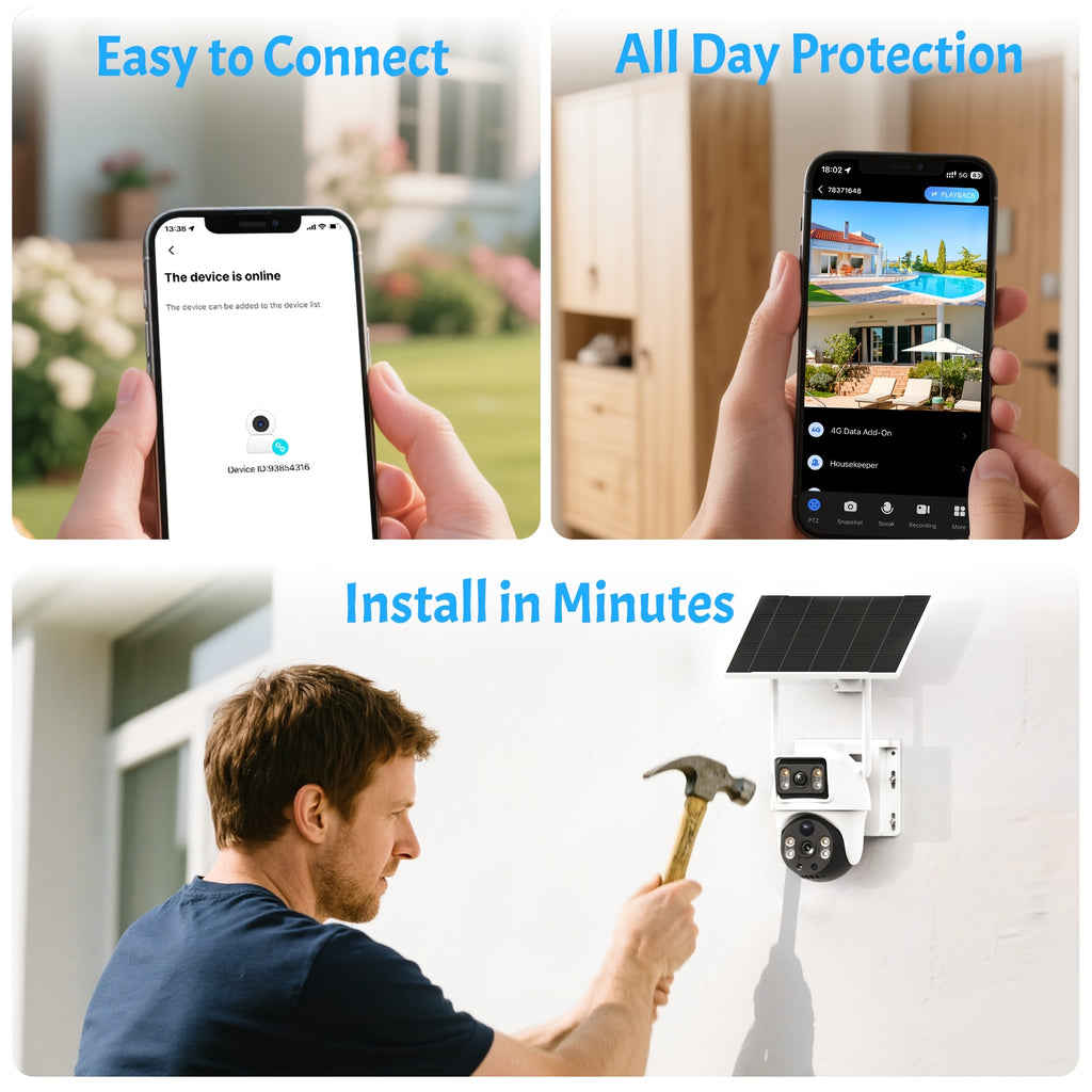 4K Dual Lens Solar Security Camera Wireless Outdoor, 360° PTZ 2.4G Wifi Camera, Low-Power Solar Panel, PIR Motion Detection, Spotlight Alarm, Color Night Vision, Two-Way Audio for Home & Farm Monitoring