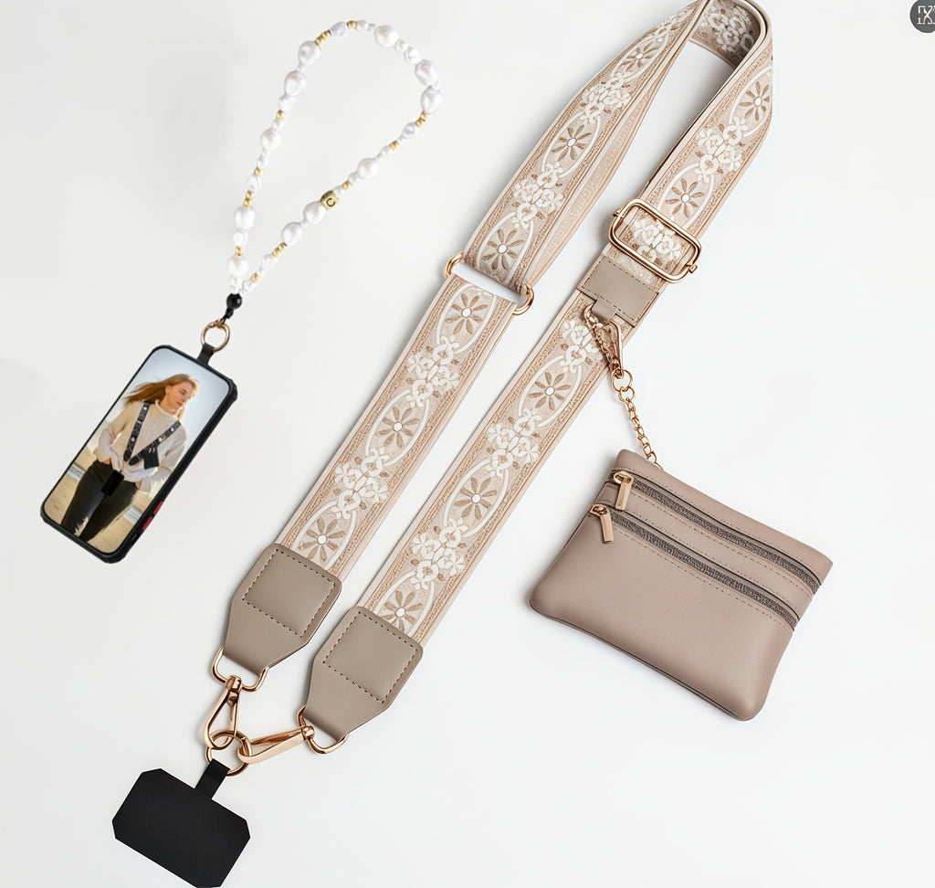 Clip And Go Strap Phone Strap with Pouch, Adjustable Phone Strap Crossbody, Detachable Wrist Strap with Wallet,, with Beaded Phone Charm Lanyard