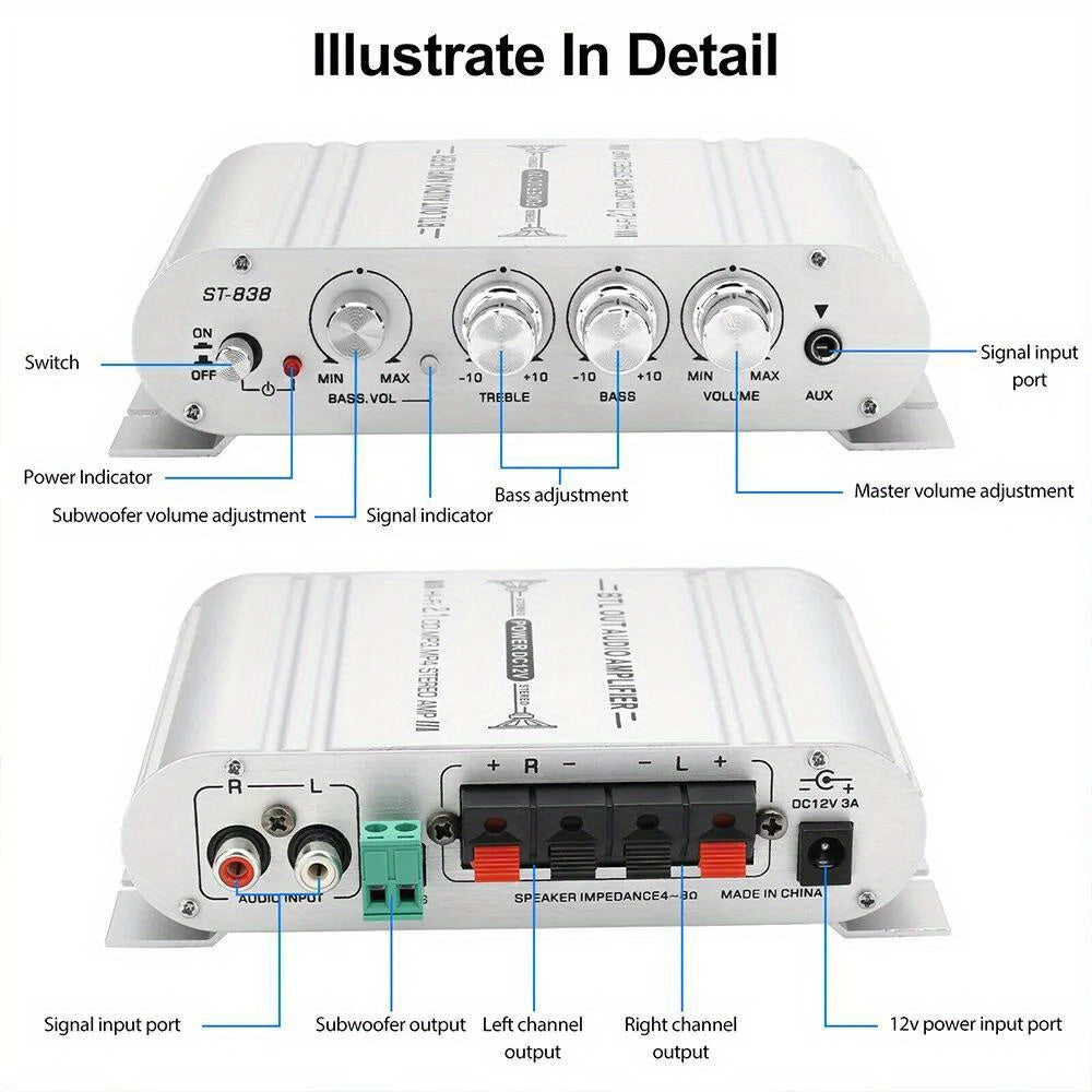 12V 400 Watt 2.1Channel Car Audio Stereo Amplifier Speaker Power Class A/ B Amp Material: Cast Iron