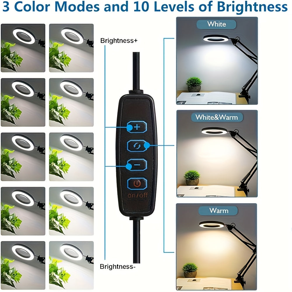 2025 NEWS-1pc 15X Magnification LED Table Lamp, Desk Lamp LED Reading Light With Clip And Flexible Arm, USB-powered, Energy-efficient, And Easy To Assemble, For Reading, Manicure, Eyelashes, Grooming, Sewing, Inspections, And Precision Work