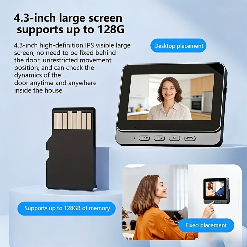 Smart Video Doorbell, Wireless Video Doorbell, Visual Doorbell Camera, 4.3-inch IPS 720P Monitor Screen Doorbell Camera with, Two-Way Audio, Enhanced Night Vision, Long Battery Life, Wall-Mounted, No Subscription, No WiFi Required, No App Required