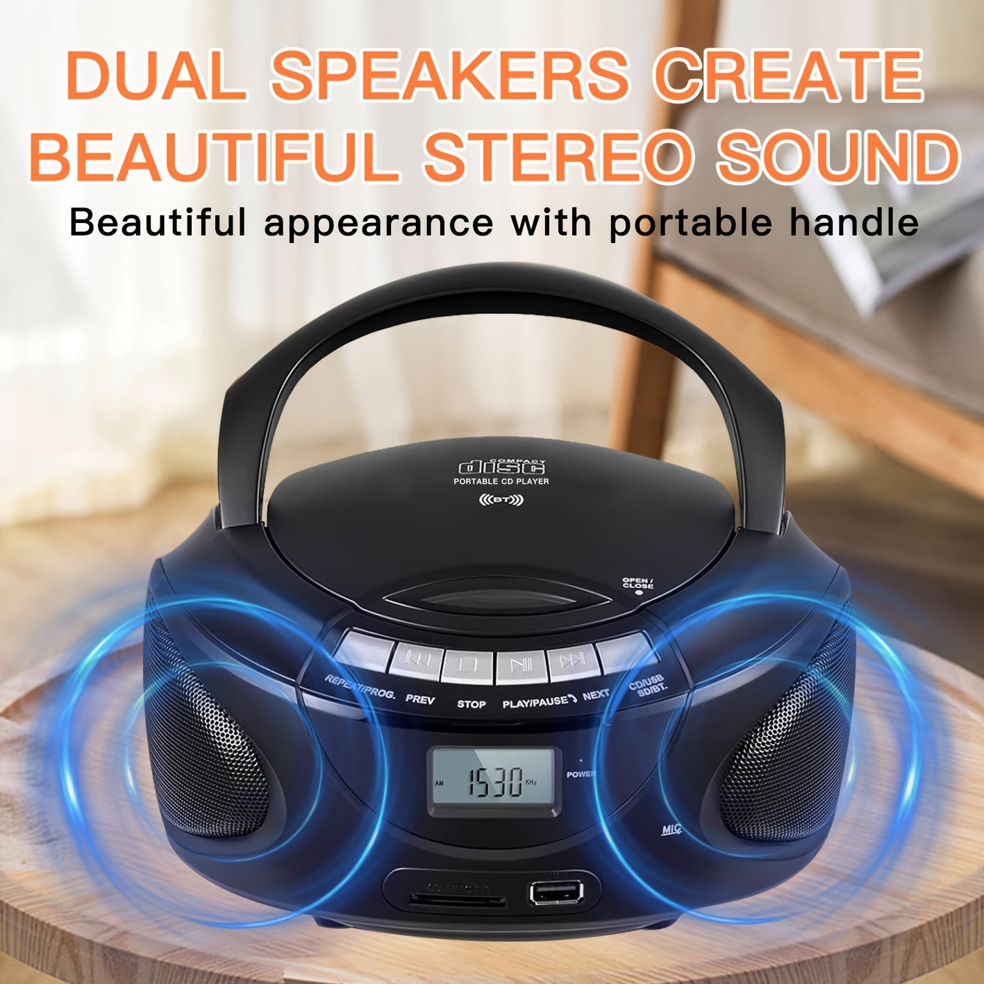 M-AMAZUP Portable CD Player Boombox with Dual Stereo Speakers, AM/FM Radio, Stereo Earphone Jack, Aux Input, USB, TF Card Player, Wireless Speaker, Multi-Functional MP3 Player, A-B Repeat, Plug & Play, 120V, M-AMAZUP
