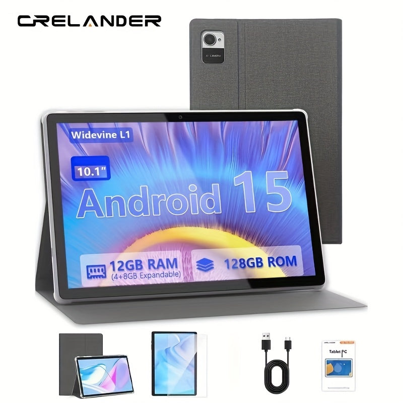 CRELANDER W30 2 in 1 Tablet PC Android 15 Tablet, RAM 12GB (4+8GB Expand)+128Gb ROM, with Case, (Keyboard, Mouse, Pen) Can Optional, 2. 4G/5G Wifi, GMS, GPS, Google, Pad, Tablet PC, Tablet, Tablet, Pad