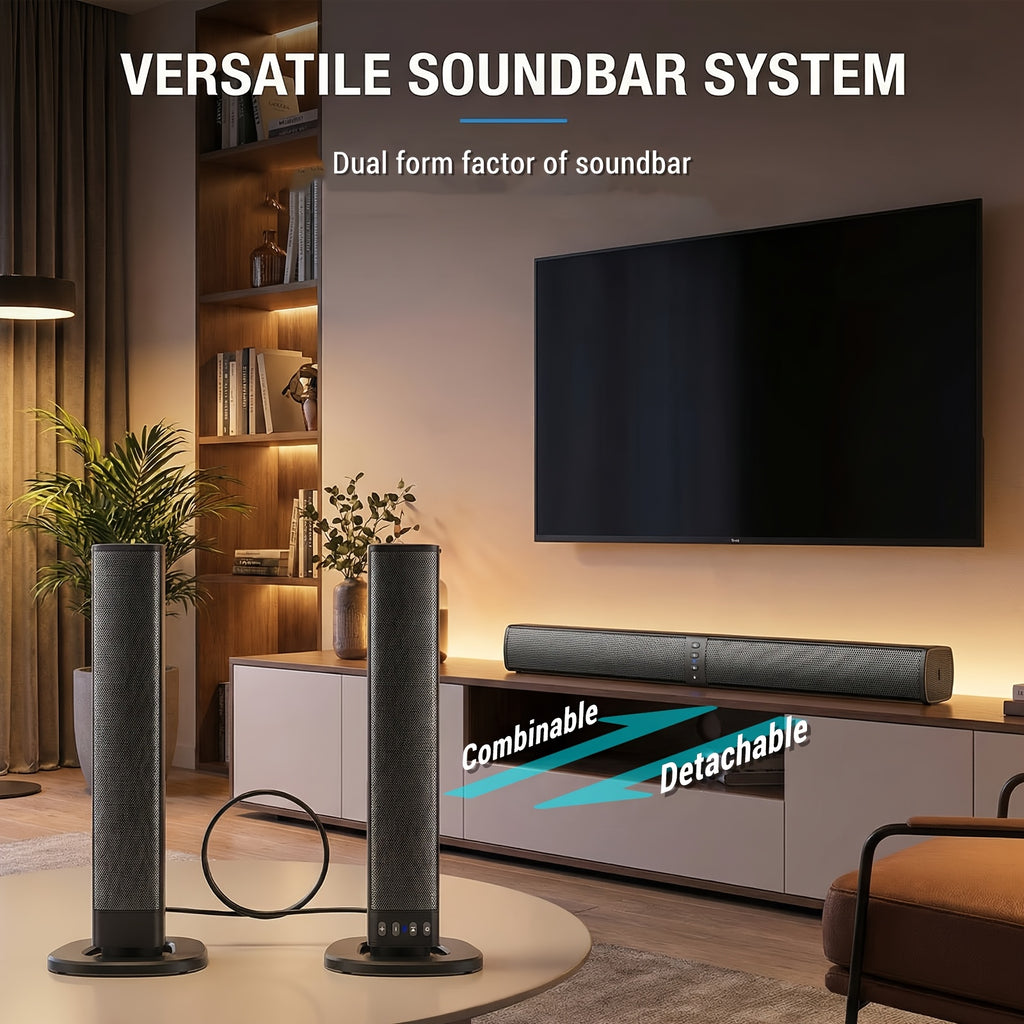 Wireless Sound Bar for Smart TV, Surround Soundbar with Bluetooth/RCA/AUX Connect, Volume Control, 2in 1 Detachable Soundbar for TV/PC/Gaming/Projectors