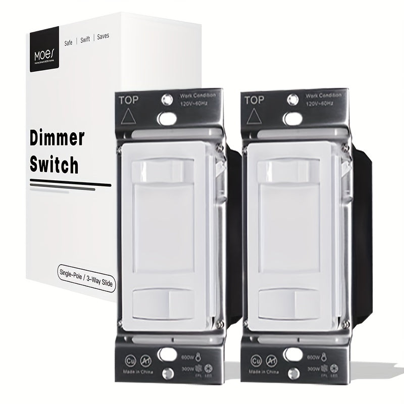 MOES Black Dimmer Light Switch, 3 Way & Single Pole Dimmable for LED, CFL, Incandescent, Halogen, 600Watt Max, ON/Off with Dimming Slide for Bedroom Hallway, No Neutral Wire Required Without A Panel