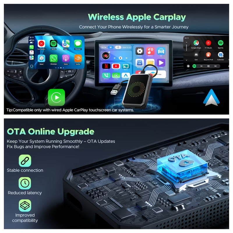 The 3-in-1 Magic Media Box Supports Netflix/YouTube/TikTok Streaming. Equipped With A Wireless CarPlay Adapter And USB Port, It Is Compatible With Factory-installed Wired Apple CarPlay And Android Auto Systems. Note: Wireless CarPlay Requires IOS 10