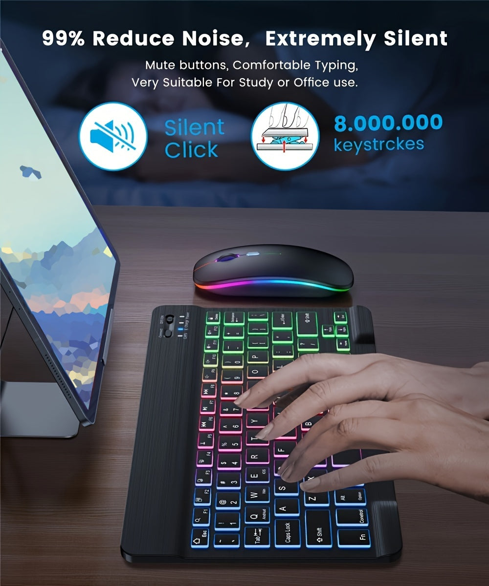 Ultra-Thin Backlit Wireless Keyboard & Mouse Combo Portable Optical Tracking, Rechargeable Li-Polymer Battery, Type-C Charging, Tablet-Compatible, English QWERTY Layout