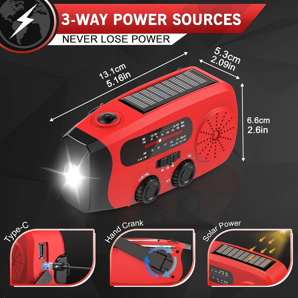 Emergency Radio: Solar-Powered, Power Bank, Hand Crank, AM/FM NOAA Portable Weather Radio, 2000mAh Mobile Power, USB Charging, Solar, With LED Flashlight, Hurricane, Survival Gear, Winter Storm