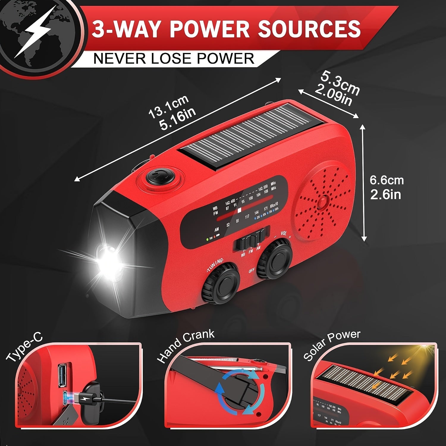 Emergency Radio: Solar-Powered, Power Bank, Hand Crank, AM/FM NOAA Portable Weather Radio, 2000mAh Mobile Power, USB Charging, Solar, With LED Flashlight, Hurricane, Survival Gear, Winter Storm