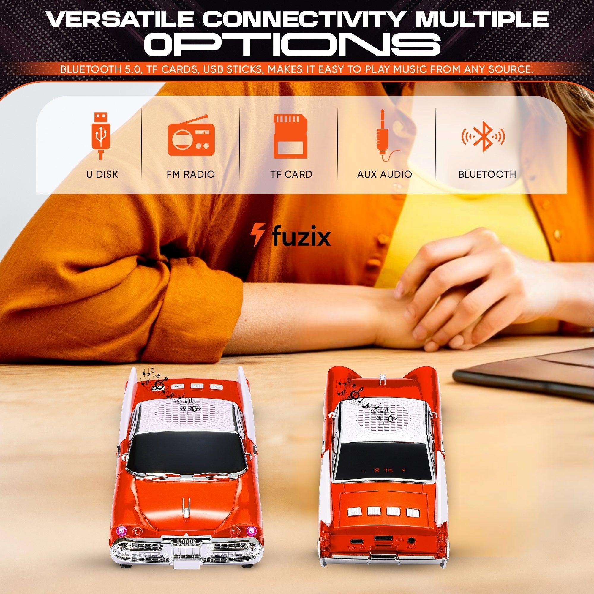 Fuzix WS-1965 Car Bluetooth Portable Speaker, Retro Car-Style Wireless Stereo Speaker with LED Headlights and Taillights, AUX/USB/TF/FM Radio Playback, Rechargeable Battery, High-Power Clear Sound, Multiple Playback Modes, Perfect Festival Gift, Ideal for