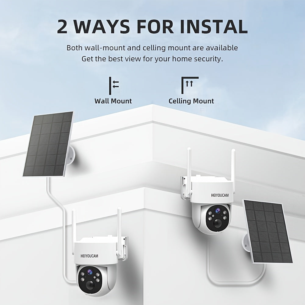 4K Solar Security Cameras Wireless Outdoor, 360° View Pan/Tilt WiFi Security Camera Outside with Color Night Vision, PTZ Surveillance Camera with PIR, Easy to Install, PIR Alarm, 2-Way Audio, SD/Cloud,