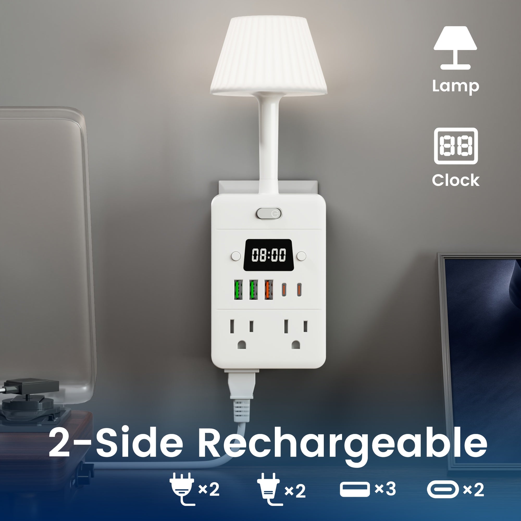 11-In-1 Multifunctional Power Strip with Built-In Overload Protection. 1 Desk Lamp, 1 Digital Display Clock, 4 Power Outlets, 3 USB-A And 2 USB-C. Power Extender, Power Outlet Converter, Wall-Mountable Desktop Charging Station for School, Home