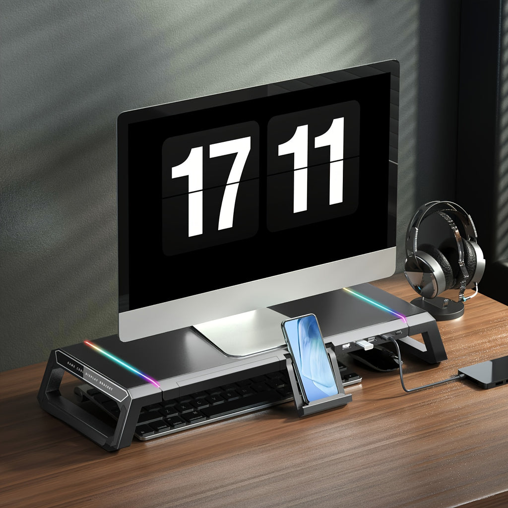 [Foldable, Adjustable] ICE COOREL Monitor Stand Suitable for Desktop And Laptop Computers, Foldable And Height Adjustable, Storage Drawer for Tablet And Smartphone Stands, RGB Lighting, Four USB Ports for File Transfer And Charging