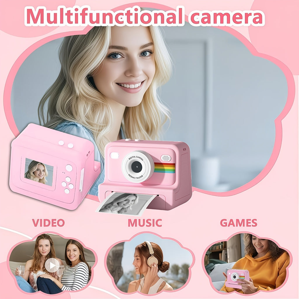 Portable Instant Photo Digital Camera, 1-Second Instant Photo Printing, Video Selfie Camera, 1080P HD Screen, Supports Photo Printing, Photography, USB Cable, Lanyard, Three Rolls of Print Paper, Holiday Birthday Gift, Portable Travel Printing