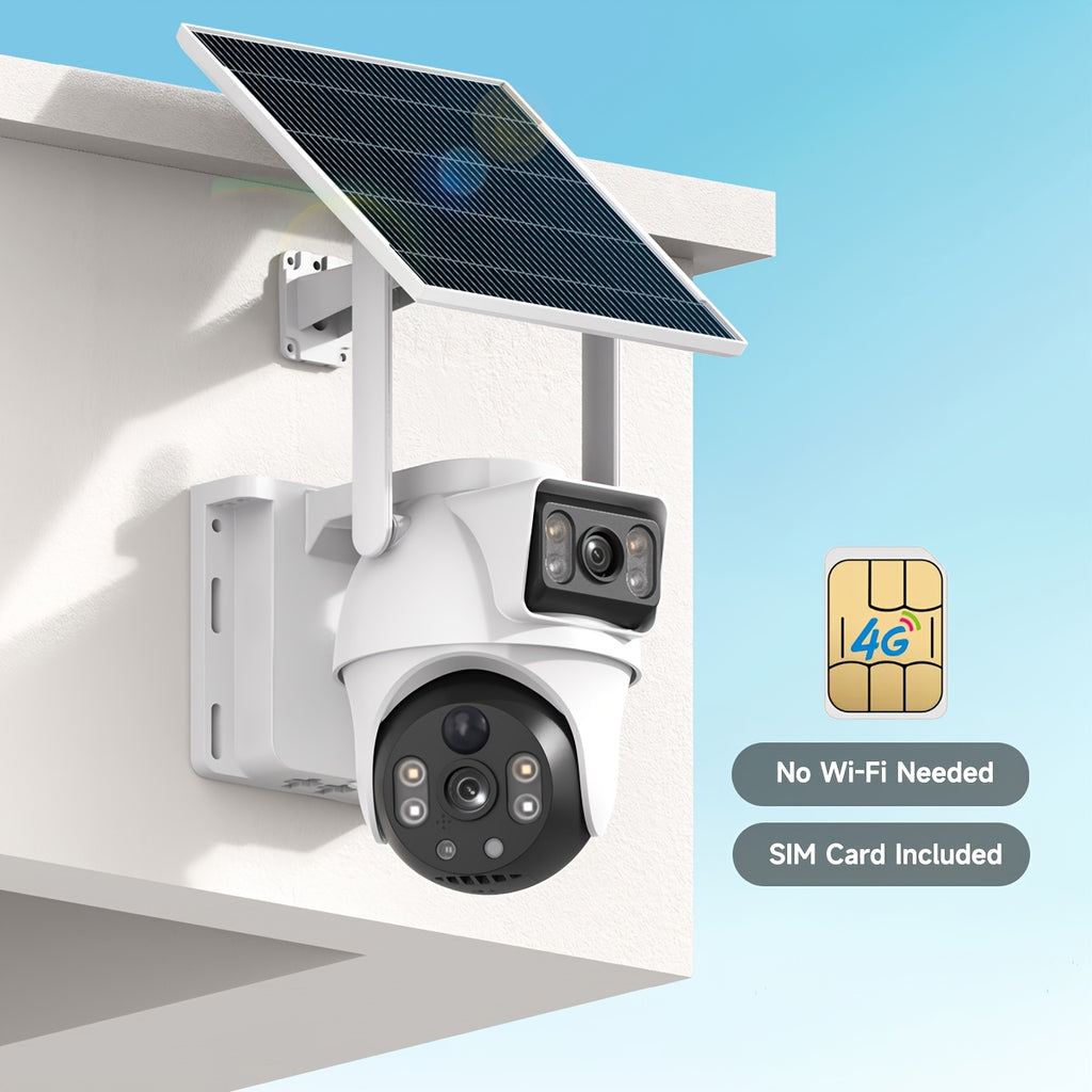[For Home Security] 4G LTE Cellular 8MP Solar Safety Surveillance Camera With Solar Panel Pan Tilt 360° Viewing Angle Monitoring Dual Lens System SIM Card Included, PIR Motion Detection, Color Night Vision, Two-Way Audio, App Control For Home Security Onl