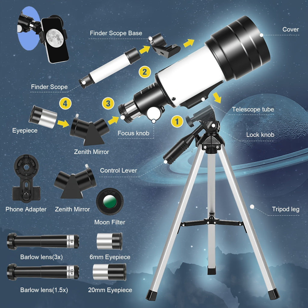 150X telescope, 70mm aperture telescope, suitable for adults, portable astronomical telescope, with tripod phone holder, eyepiece, Barlow lens, perfect for big viewing nature, education, and exploration. It is the best Christmas gift for family members an