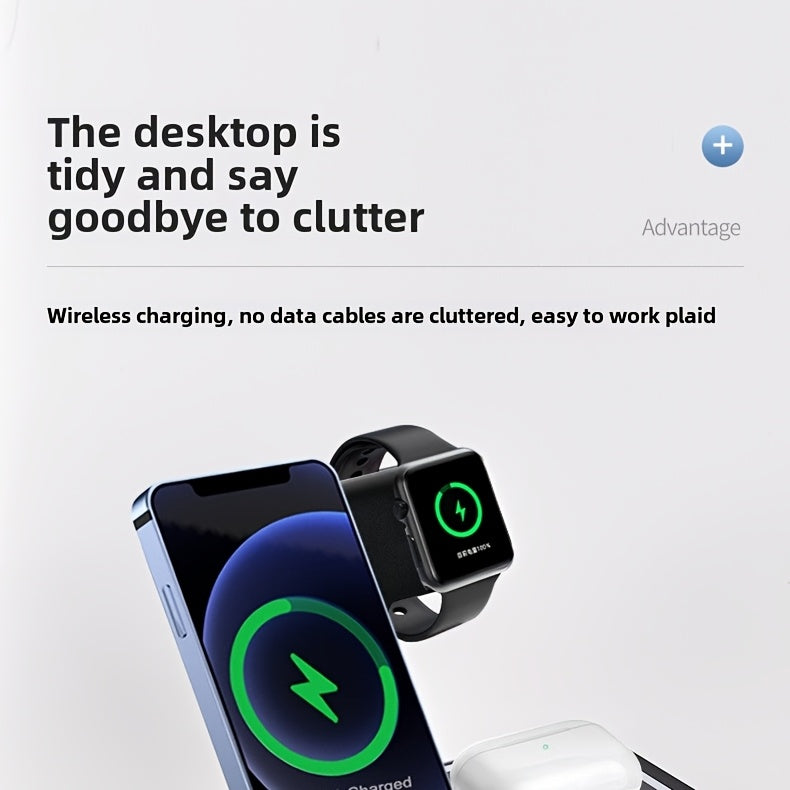 3-in-1 Wireless Charging Station - 15W Fast Charger Stand with QC3.0 Adapter - Suitable for iPhone 15 14 13 12 11 X 8 Pro Max/Pro/Mini/Plus, iWatch Ultra 9/8 7/6/5/4/3/2, AirPods 3/2