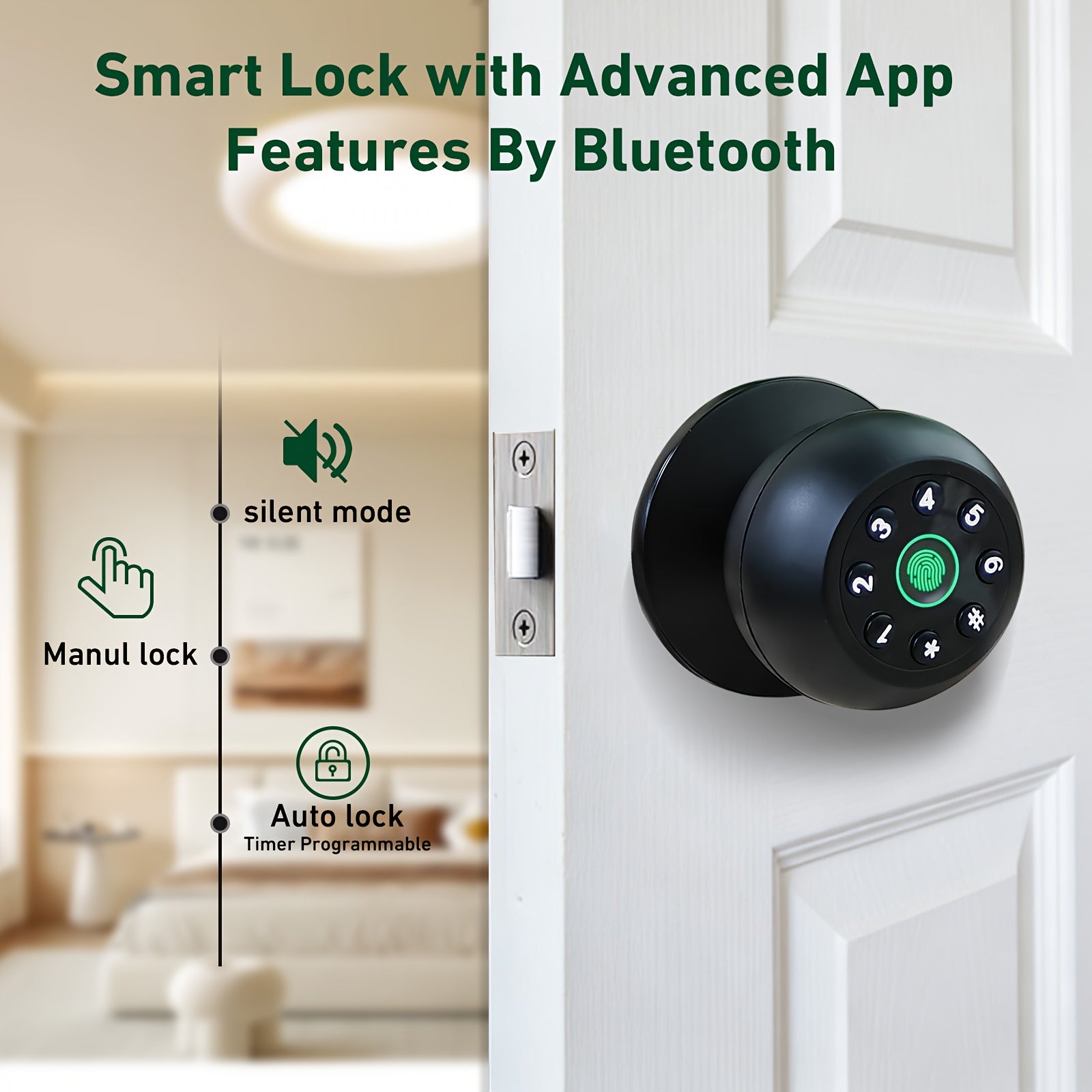 Fingerprint Door Lock, Smart Fingerprint Door Knob with Keypad, Biometric Door Lock with App Control, Auto Lock Door Lock with Code, Keyless Door Knob with Lock for Bedroom, Home, Office-Matte Black
