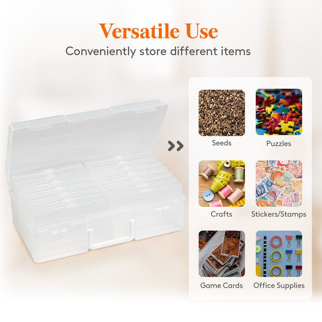 Photo Storage Box 4x6 Photo Case, 14 Inner Photo Keeper, Clear Photo Boxes Storage with 1 Sheet Label Sticker, Plastic Craft Storage Box with lids for Cards Pictures Stamps Office Supplies