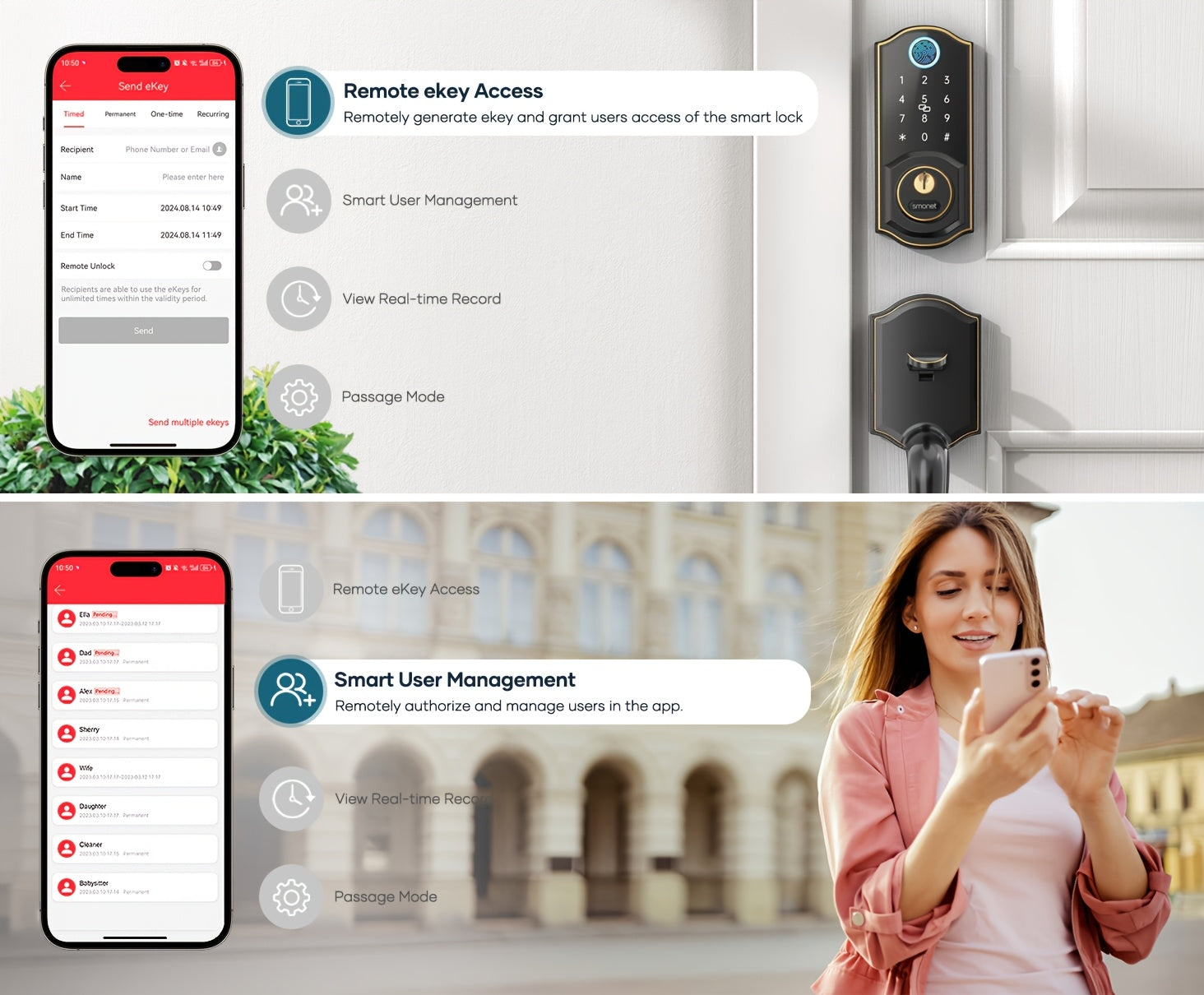 SMONET Smart Front Door Lock Set Keyless Entry Door Lock with Handle Fingerprint Smart Deadbolt Bluetooth Electronic Digital Keypad Lock Phone APP Auto Lock for Home Office Airbnb Hotel