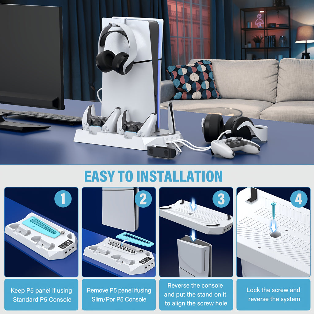 Cooling Station for PS5, Controller Charging Station for Playsation 5 Slim/Pro/&Standard Disc/Digital Console, for PS5 Accessories Incl. Controller Charger/Turbo Fan/3 USB Hub/Headset Holder, Christmas Gift, USB Length 19 Inches