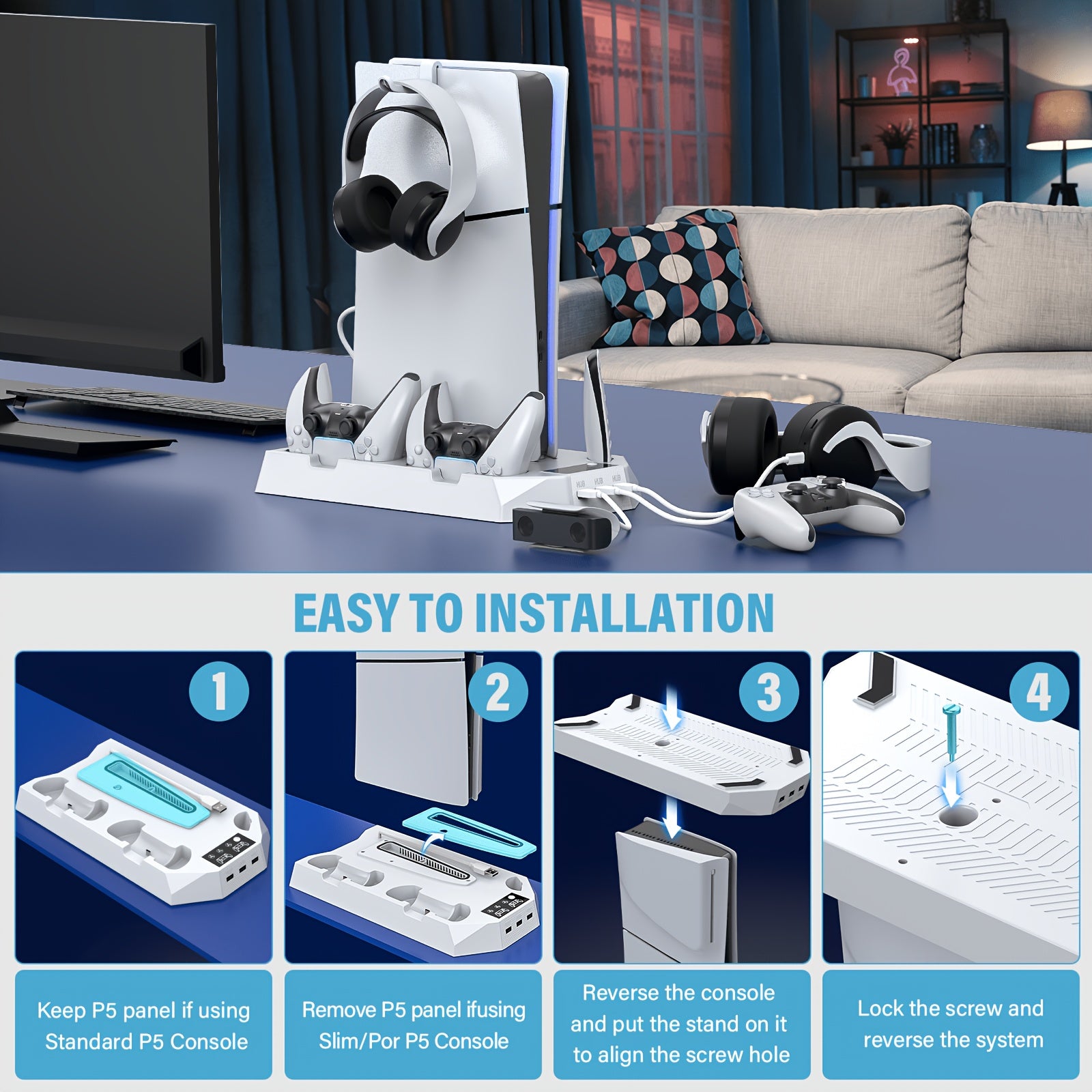Cooling Station for PS5, Controller Charging Station for Playsation 5 Slim/Pro/&Standard Disc/Digital Console, for PS5 Accessories Incl. Controller Charger/Turbo Fan/3 USB Hub/Headset Holder, Christmas Gift, USB Length 19 Inches