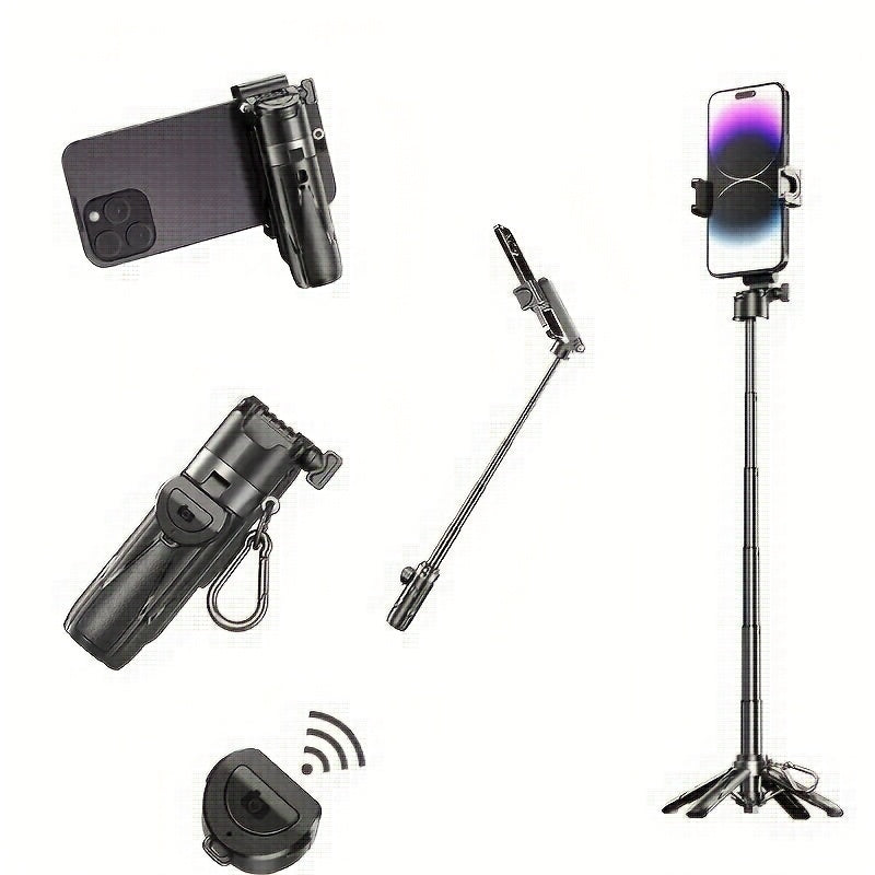 The Mini Selfie Stick Three In One Phone Stand Is Equipped With A 16 Inch Extendable Selfie Stick And A One Click Unfolded Stand. Featuring DSLR Style Grip And Wireless Remote Control. Suitable For Concerts, Hiking, And Desktop Live Streaming