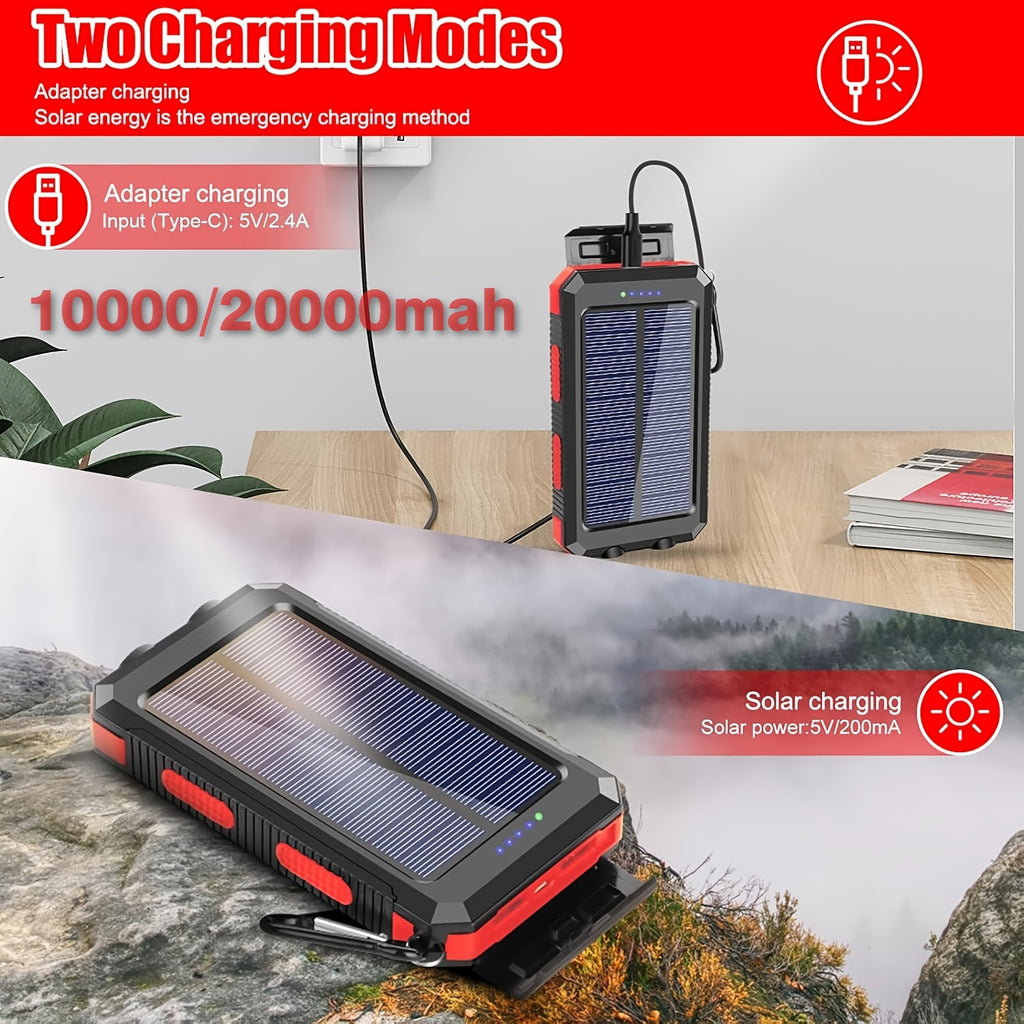 [Outdoor Camping] 20000Mah USB Portable Charger Solar Power Bank, Dual 5V USB Port Output for All Mobile Devices Built-In Flashlight with Compass for Outdoor Camping Emergency Use, Power Bank Portable Portable Power Bank Solar Power Bank Battery Power Ban