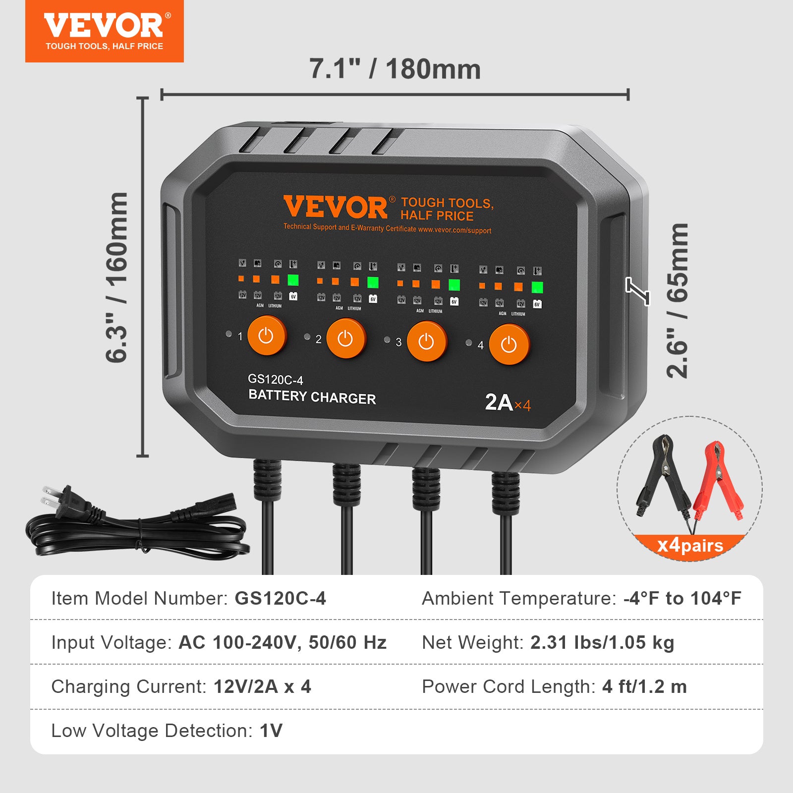 VEVOR Intelligent Charging Unit, 8A, Compatible with LiFePO4 & Lead-Acid (AGM/Gel/SLA) Batteries, Auto Charger & Maintainer for Boats, Motorcycles, Lawn Mowers, Golf Carts, and Marine Applications