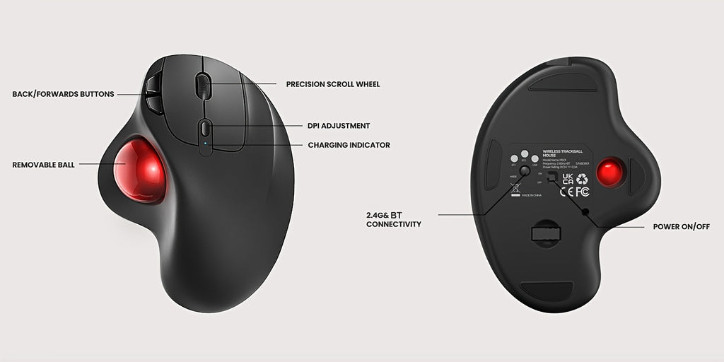Wireless Trackball Mouse, Rechargeable Ergonomic, Easy Thumb Control, Precise & Smooth Tracking, 3 Device Connection (Wireless Or USB Receiver), Compatible For PC, Laptop, Mac, Windows