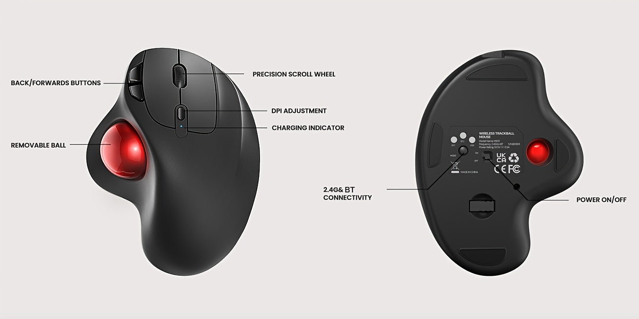 Wireless Trackball Mouse, Rechargeable Ergonomic, Easy Thumb Control, Precise & Smooth Tracking, 3 Device Connection (Wireless Or USB Receiver), Compatible For PC, Laptop, Mac, Windows