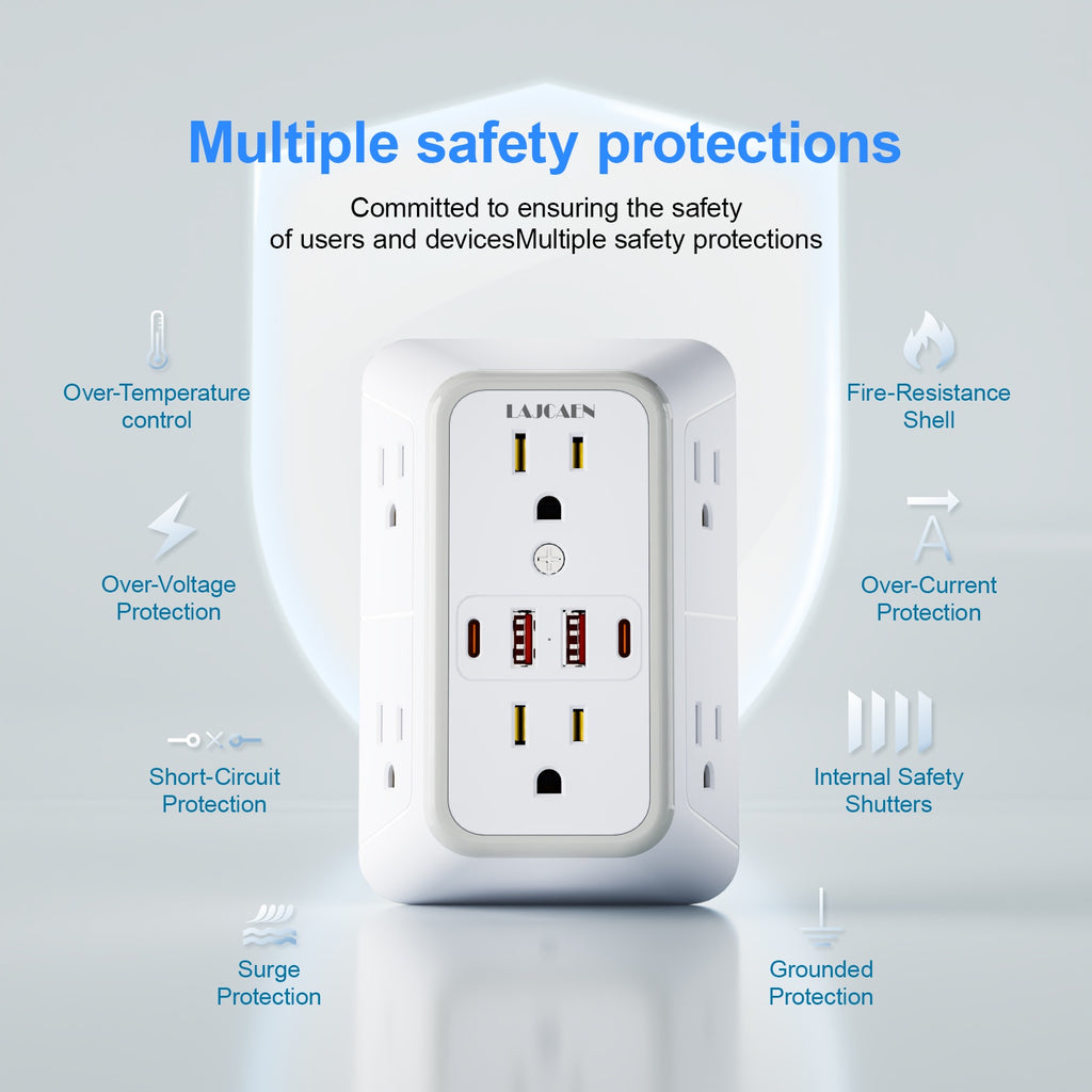 10-in-1 USB Wall Charger, Multi-Plug Wall Outlet Surge Protector, 6-Outlet AC Extender with 4 USB Charging Ports, 3-Sided 1050J Power Strip Multi-Plug Adapter for Home, Travel, Office (2A/2C), Total USB Output: 5V/3.1A, Multi-Plug Outlet for College