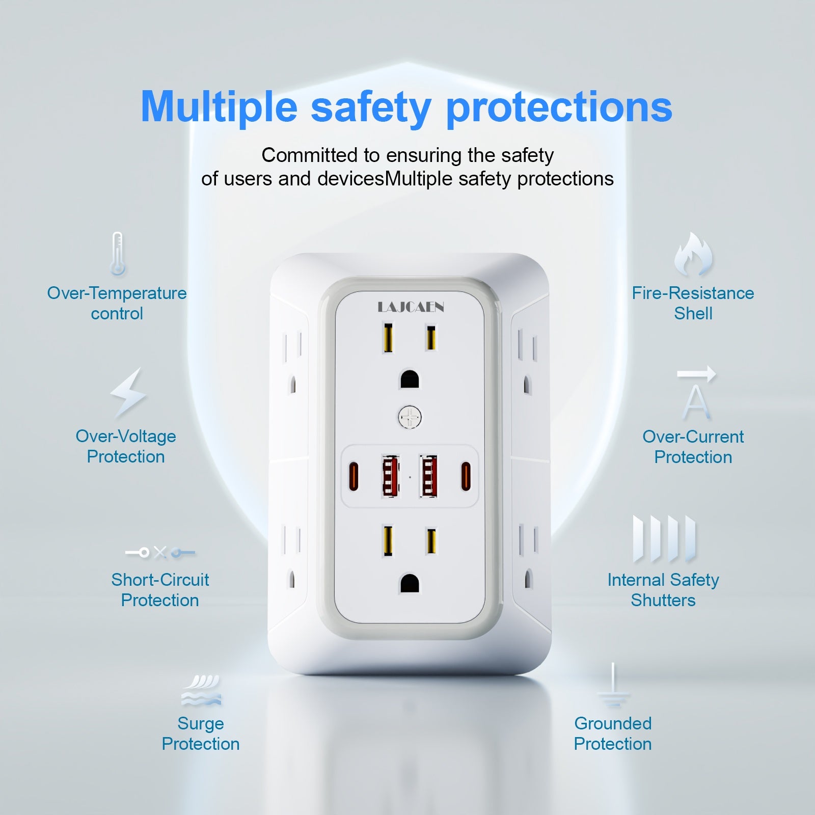 10-in-1 USB Wall Charger, Multi-Plug Wall Outlet Surge Protector, 6-Outlet AC Extender with 4 USB Charging Ports, 3-Sided 1050J Power Strip Multi-Plug Adapter for Home, Travel, Office (2A/2C), Total USB Output: 5V/3.1A, Multi-Plug Outlet for College