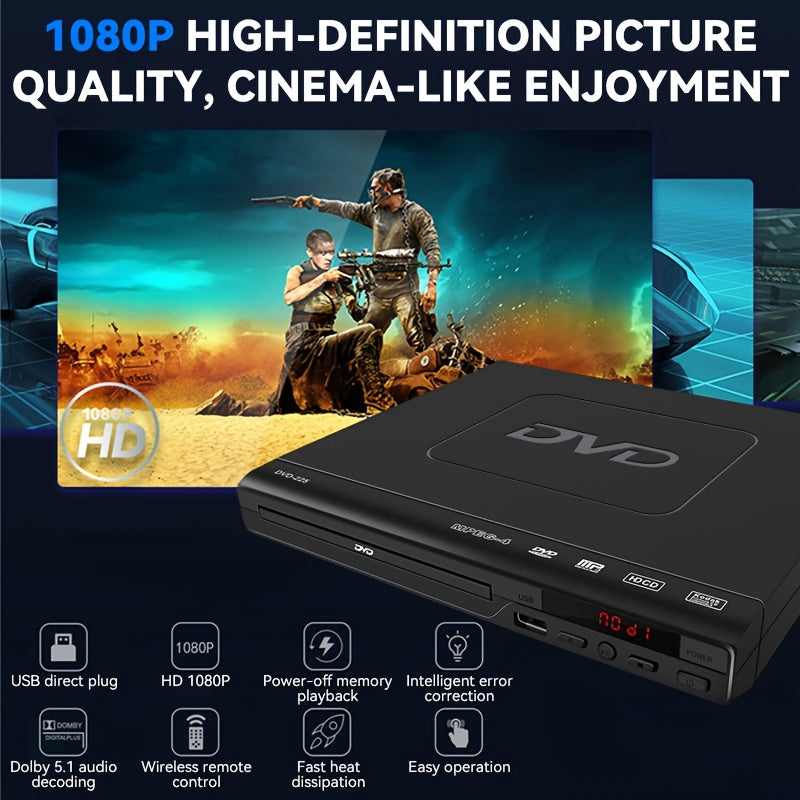 [1080P] Full Region DVD Player With 1080P HD Quality And AV Output, USB Direct Read DVD Player With Smart Error Correction, Suitable For Elderly Easy DVD Player For Home With Remote Control - High Quality Multimedia Playback For Home