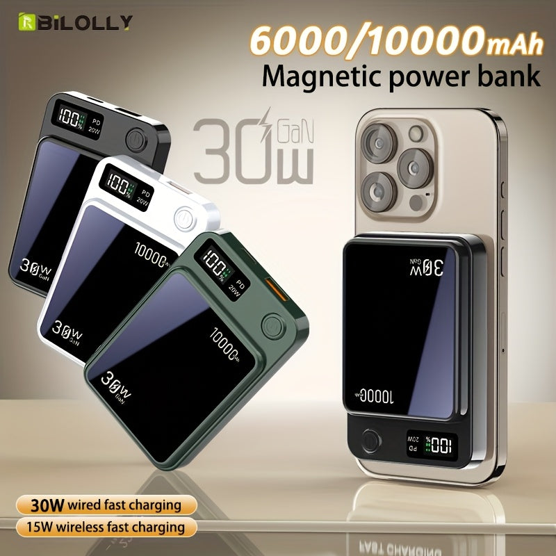 Magnetic Wireless Charging Power Bank, 6000/10000/150000mAh Battery Pack, 30W Fast Charging Power Bank, 15W Fast Wireless Charging, USB+C Port Dual Output External Battery Pack, for iPhone 17/16/15/14/13/12/11 Pro Max Air And Other Android Phones