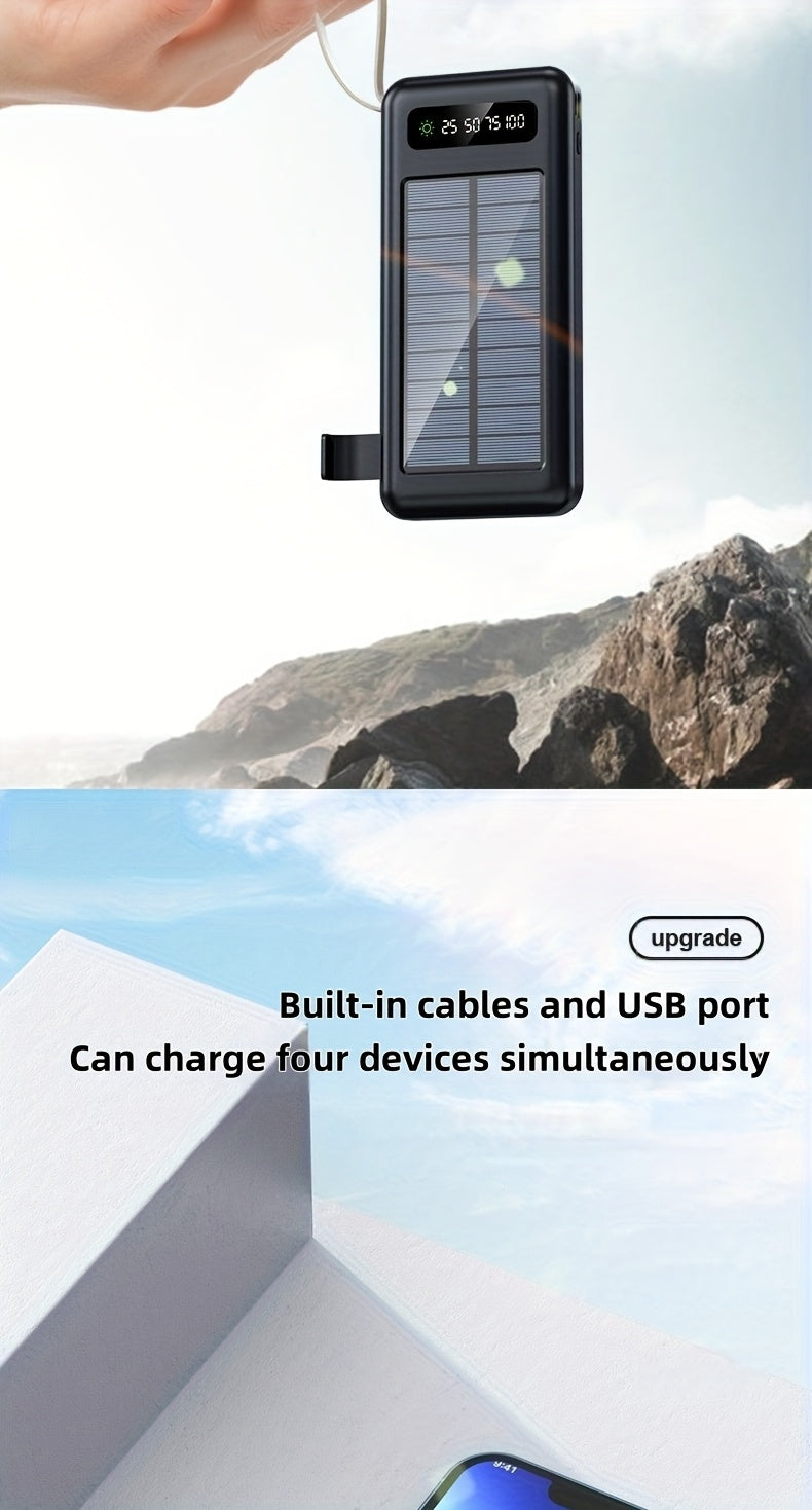 10000/20000/30000mAh 5W Slow Charging/15W Fast Charging Multifunctional Solar Power Bank With Ultra-bright LED Light, Large Capacity Rechargeable Portable Mobile Phone Charger Built-in 4 Cables Digital Display Dual Usb Port USB-C Input