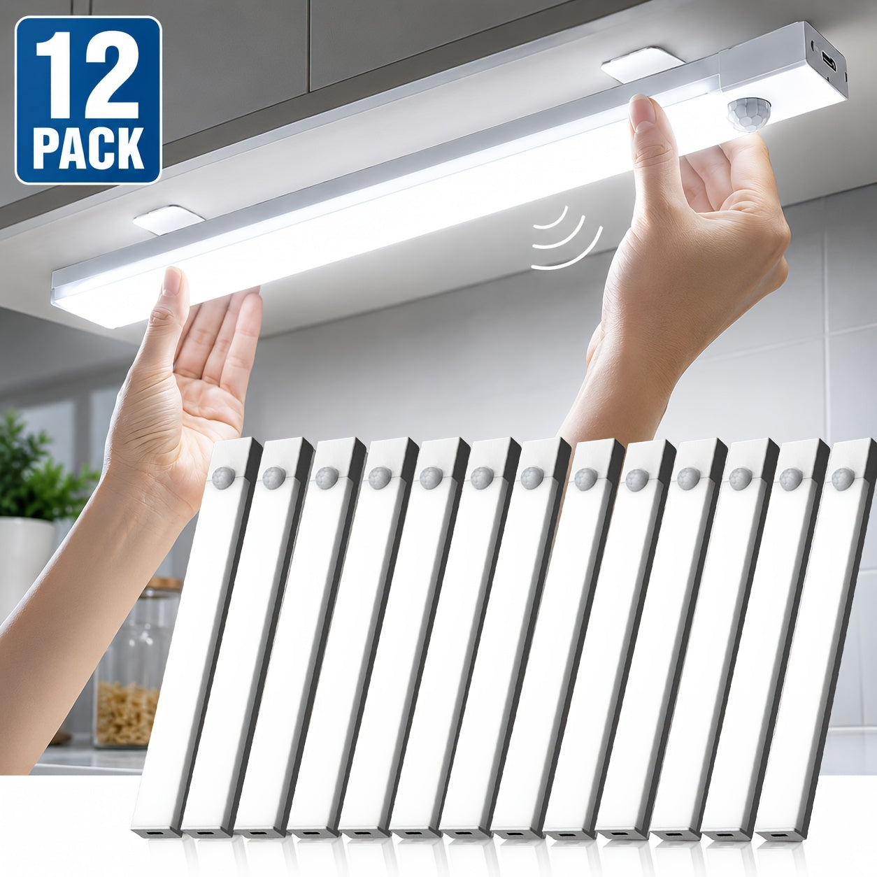 [USB Rechargeable] 12 Motion Sensor Cabinet Lights, USB Rechargeable Wireless Magnetic Cabinet Lights, 3 Modes Suitable For Wardrobes, Kitchens, Stairs, Bedrooms