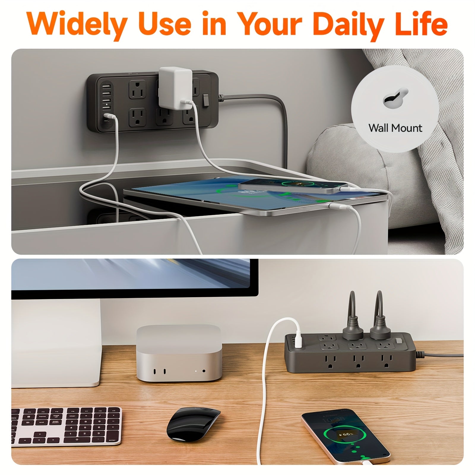 Compact Power Strip Surge Protector, 18in 1 Charging Station, with 12 AC Outlets and 6 USB Charging Ports (4 USB A & 2 USB C), Flat Plug, 5ft PVC Extension Cord, Fire-Resistant Suitable for Home, Office And Travel