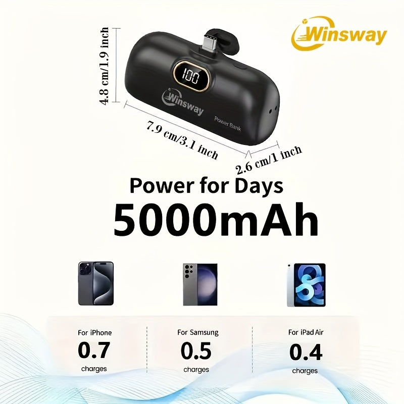 [Winsway | Fast Charging] Winsway 5000mAh Mini Portable Charger | Fast Charging Type-C Metal Plug | LED LCD Display | For iPhone 17/16/15Pro/Pro Max/Pad Pro/Android | Compact Gift