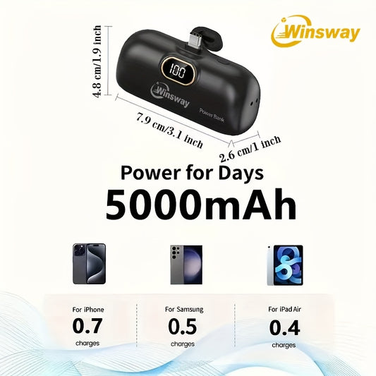 [Winsway | Fast Charging] Winsway 5000mAh Mini Portable Charger | Fast Charging Type-C Metal Plug | LED LCD Display | For iPhone 17/16/15Pro/Pro Max/Pad Pro/Android | Compact Gift