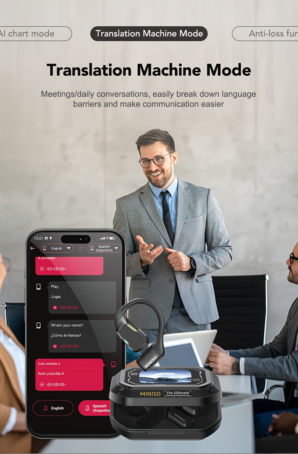 MINISO M98 AI Translation Wireless Earbuds Feature Open-Ear Design And Support for 135 Languages with Real-Time Translation. These Headphones Come with a Full-Color Display, Touch Screen, And Gaming Headset Capabilities