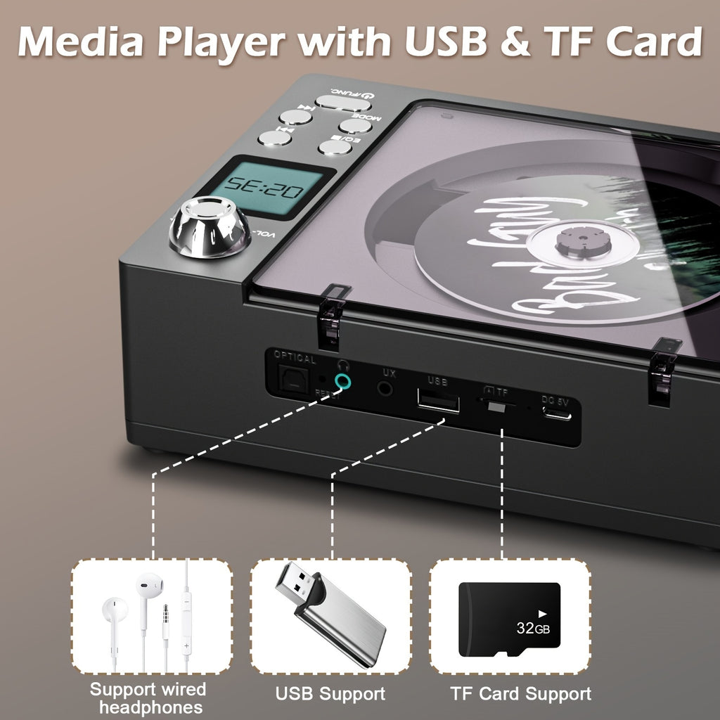 [CD Player with Stereo] CD Player with Stereo Speaker, USB Player, AUX Input, Dual Stereo Speakers, FM Radio, Type C Charging, LED Display, Remote Controller, Dual Wireless Model, Stereo Earphone Jack