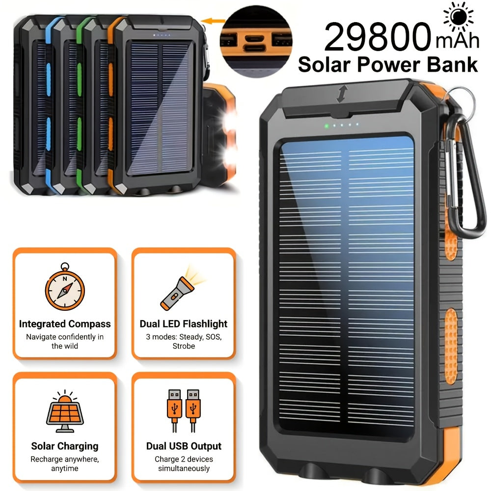 29800Mah Portable Charger Solar Power Bank, Camping External Backup Battery Pack Dual 5V USB Ports Output, for All Cell Phone for All Mobile Devices Built-In Dual Super Bright Flashlights, with Compass Outdoor Emergency Use, Portable Power Station