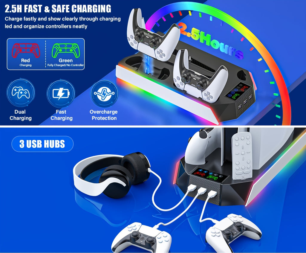 for PS5/Slim/Pro Stand Disc & Digital Console, RGB Cooling & Charging Station with 3-Level Fan, Controller Charger for PS5 Controller, Accessories with 3 USB Ports/Cooling Fan/Headset Holder