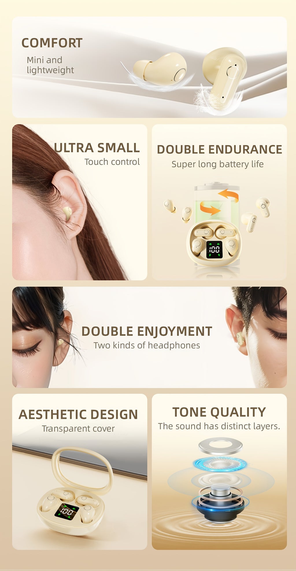 MSHUKCOE 2in1 Wireless Wireless Headphones, Mini Invisible Sleep Earbuds, Sports Noise Cancelling Earphones Comfortable To Wear, Low Bass 6D Sound Effect HIFI Music, For Leisure, Office, And Classroom, Long Battery Life, Suitable For Birthday Gifts
